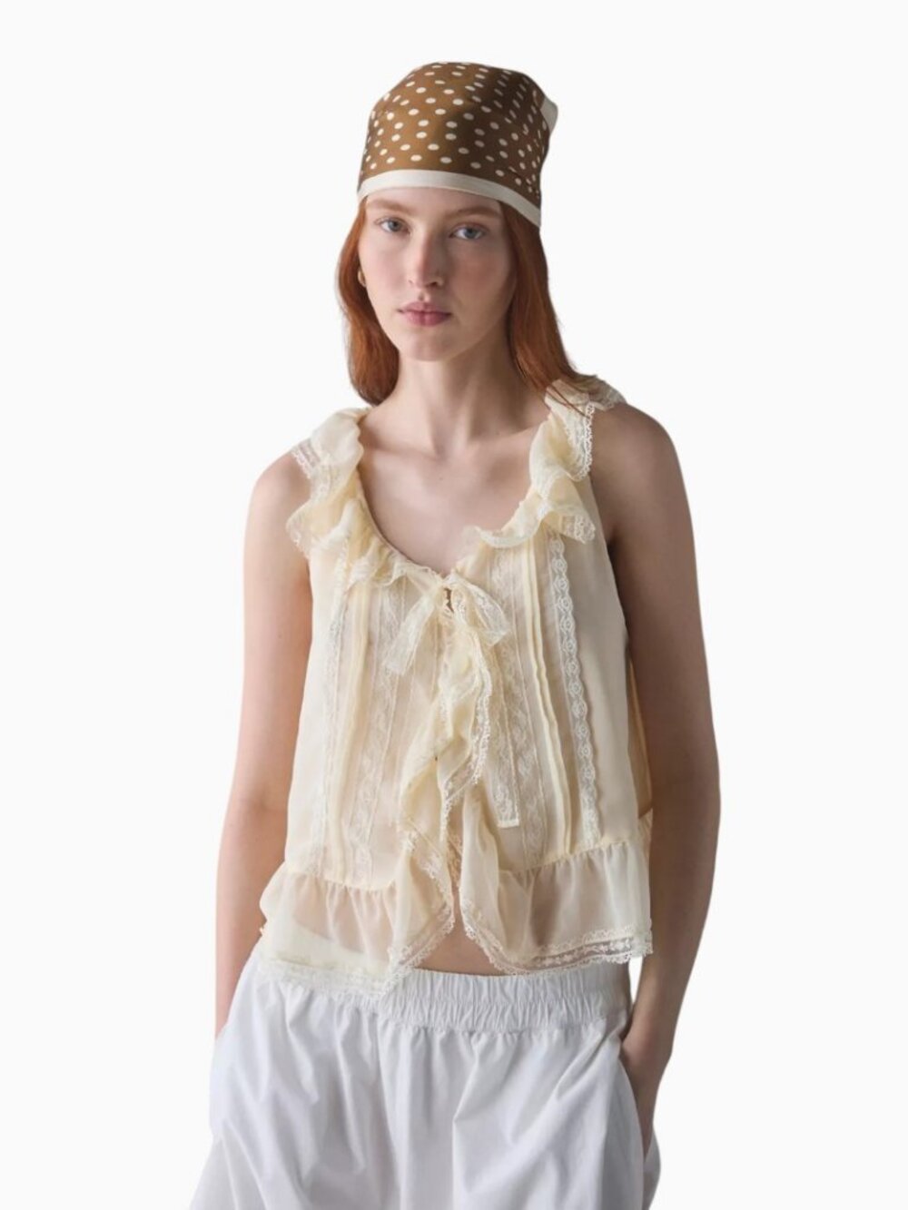 NWT KIMCHI BLUE CASSIE CASCADING RUFFLE LACE TRIM SLEEVELESS BLOUSE SIZE L